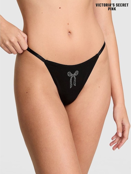 Victoria's Secret PINK Black Diamanate Bow Thong Cotton Mini Logo Knickers (H64895) | €14.50
