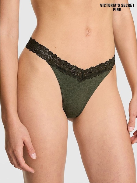 Victoria's Secret PINK Forest Green Thong Cotton Heather Lace Trim Knickers (H64911) | €13