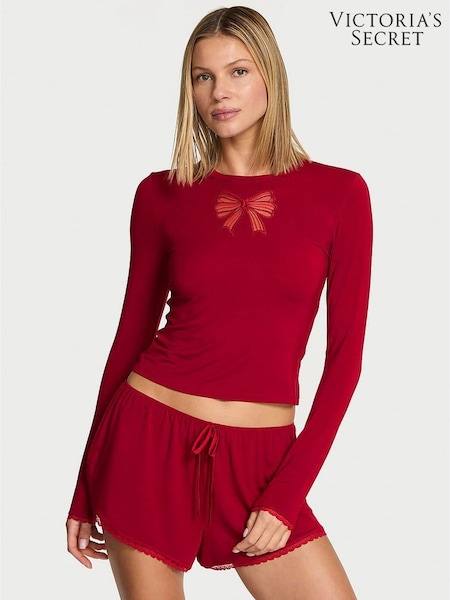 Victoria's Secret Red Lacquer Modal Bow Pyjamas Long Sleeve Top & Shorts Set (H64928) | €56