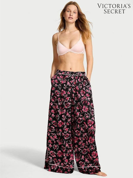 Victoria's Secret Black Floral Print Satin Wide Leg Pyjama Trousers (H64967) | €59