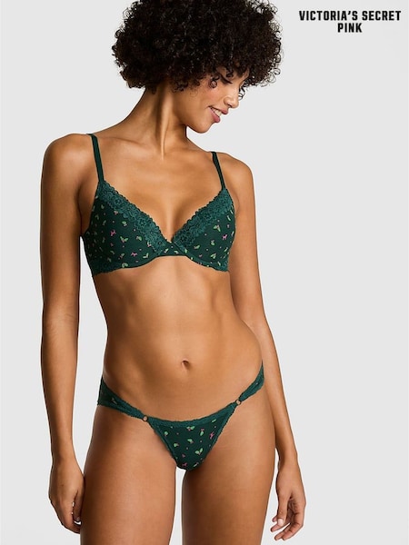 Victoria's Secret PINK Deep Forest Green Christmas Holly Print Push Up Cotton Heather Lace Trim Bra (H65033) | €41.50
