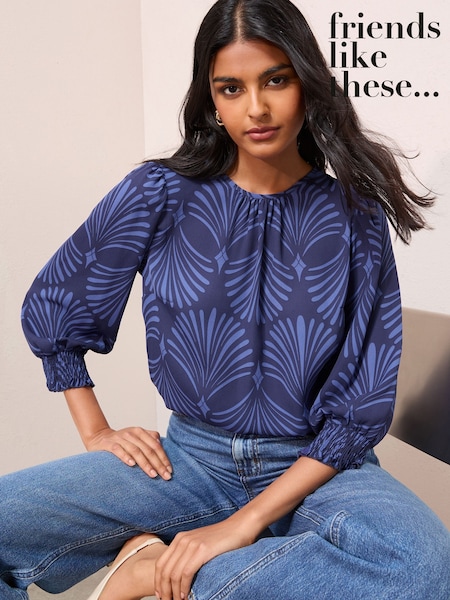 Friends Like These Blue Fan Print 3/4 Sleeve Shirred Cuff Blouse (H65073) | €42