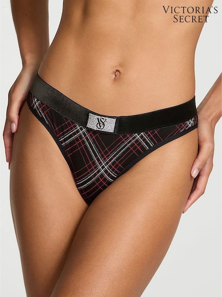 Victoria's Secret Black Tartan Thong Logo Shine Patch Velvet Knickers (H65305) | €11.50