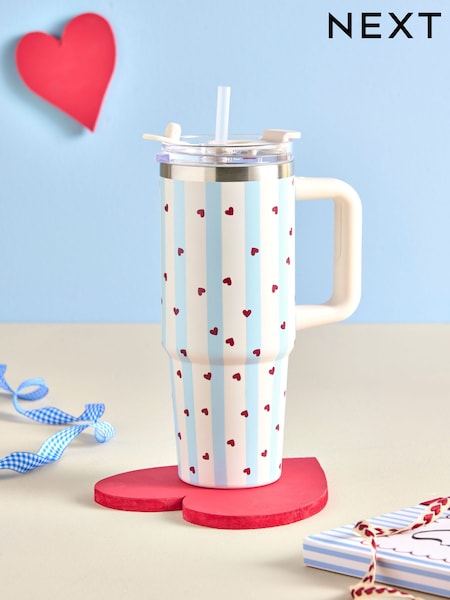Cream/Blue Stripe Love Heart Print 900ml Stainless Steel Water Bottle (H65945) | ৳ 3,060