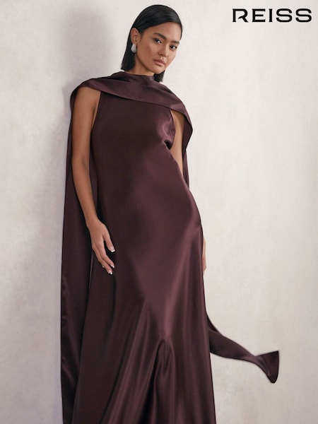 Reiss Burgundy Fae Petite Satin Cape Maxi Dress (H65951) | 2,558 QAR