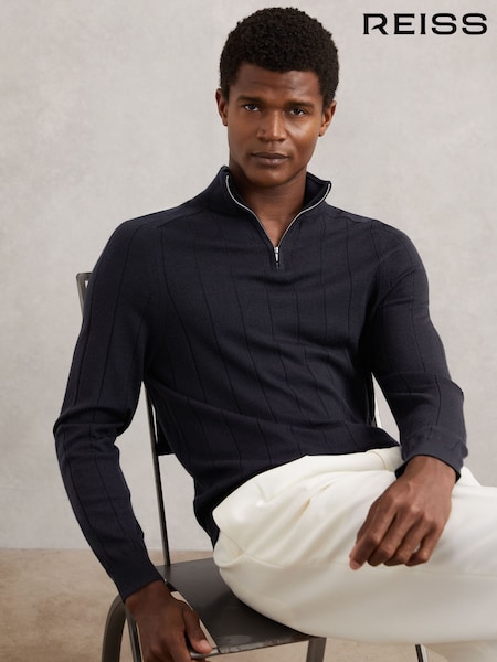 Reiss Navy Findlay Merino Wool Wide-Rib Half-Zip Jumper (H65972) | AED792