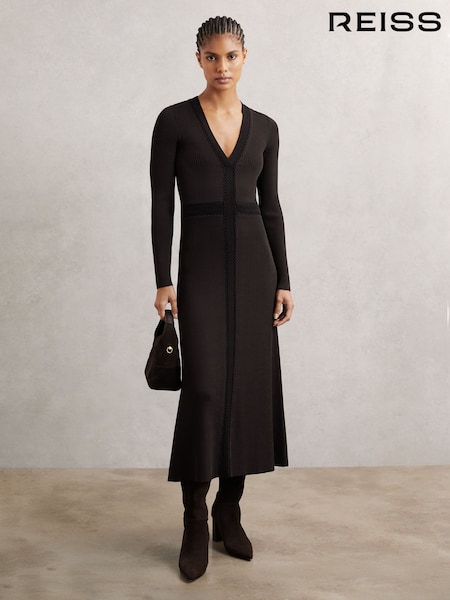 Reiss Chocolate Brown/Black Laura Knitted Dress (H65977) | AED1,786