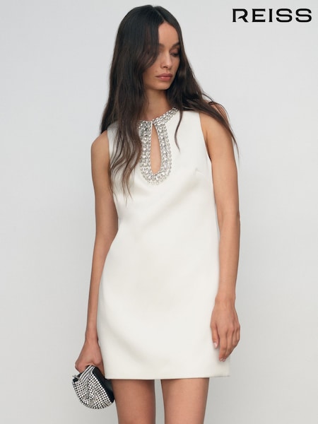 Reiss Ivory Leome Satin Crystal-Embellished Mini Dress (H65978) | €378