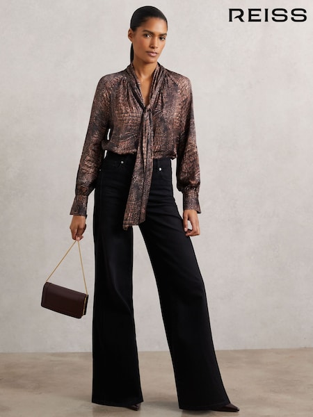 Reiss Brown Naomi Crocodile-Print Tie-Neck Blouse (H65980) | R$ 1.680