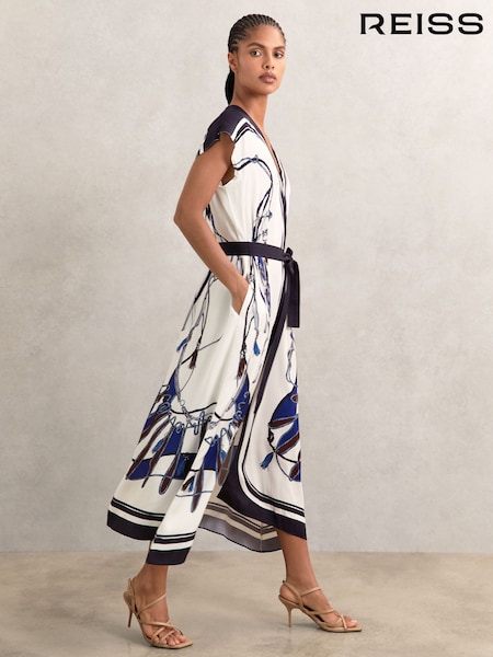 Reiss Blue/Brown Gemma Scarf-Print V-Neck Belted Midi Dress (H65992) | AED1,858