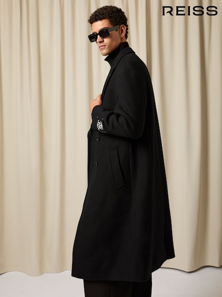 Reiss Black Goodman Monogram Long Double-Breasted Coat Wool-Blend (H66003) | €645