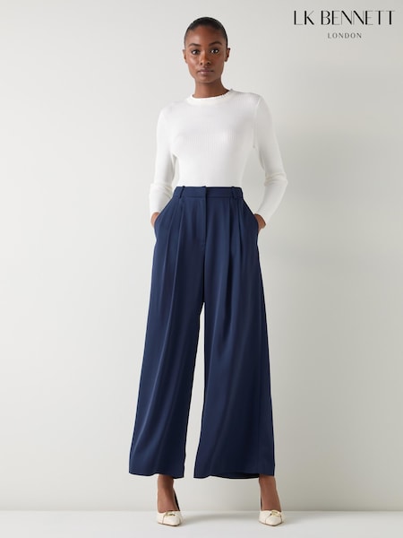 LK Bennett Sykes Midnight Plain Polyester Wide Leg Pleat Trousers (H66148) | R$ 1.965