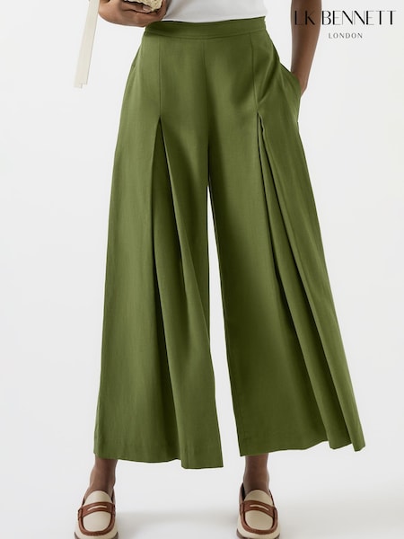 LK Bennett Green Frances Dark Watercress Lyocell Pleat Front Full Trousers (H66152) | €253