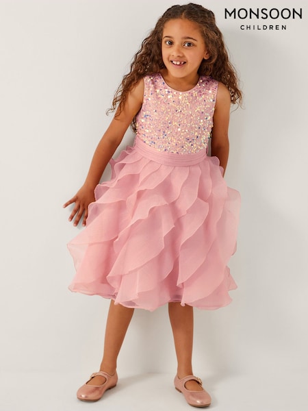 Monsoon Pink Sequin Waterfall Ruffle Party Dress (H66201) | €83 - €95