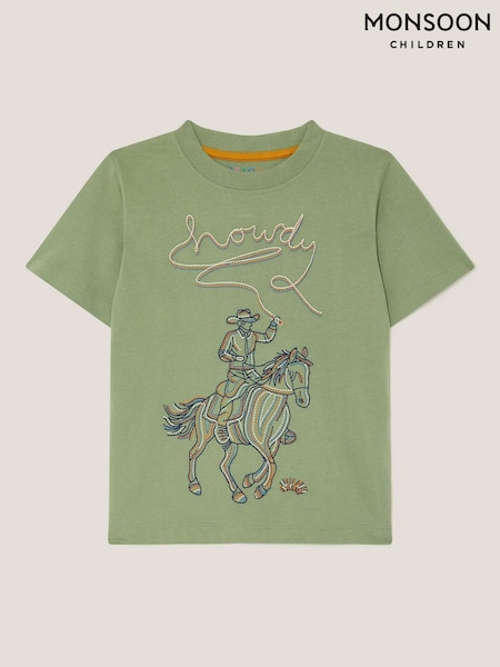Monsoon Green Howdy Cowboy Embroidered T-Shirt (H66202) | R$ 160 - R$ 180