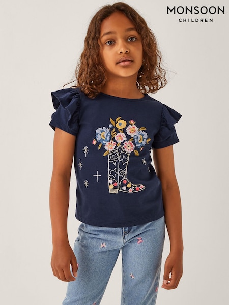 Monsoon Blue Floral Print Cowboy Boot Embroidered T-Shirt (H66215) | €22.50 - €28