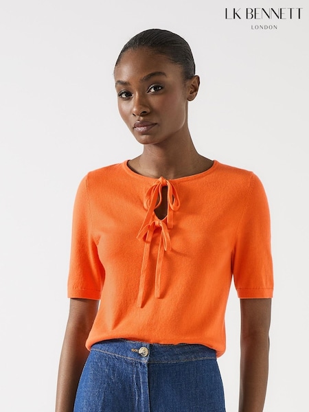 LK Bennett Orange Nerys Dark Cotton Blend Bow Detail Knitted Top (H66241) | R$ 1.085