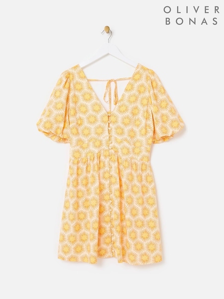 Oliver Bonas Yellow Sunburst Print V-Neck Mini Dress (H66318) | R$ 770