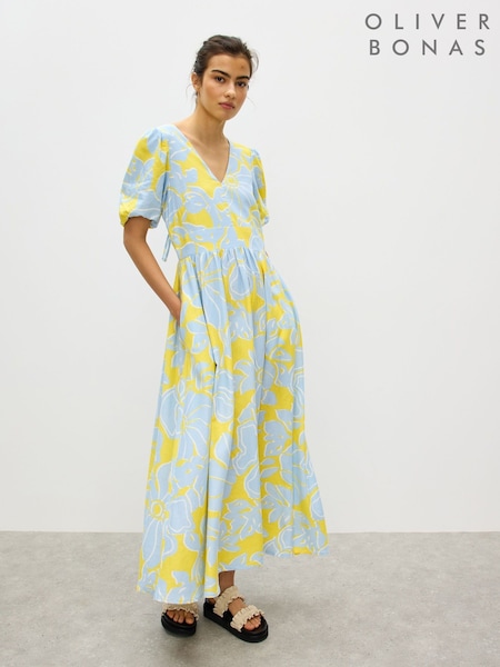Oliver Bonas Yellow Floral Print V-Neck Linen Blend Midi Dress (H66323) | €102