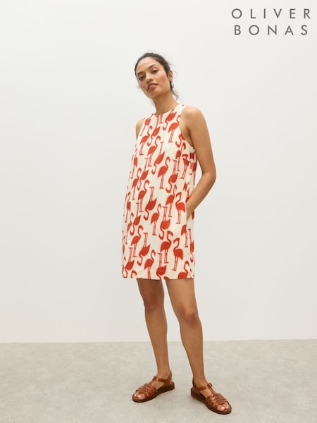 Oliver Bonas Red Cream Flamingo Print Mini Shift Dress (H66330) | R$ 710