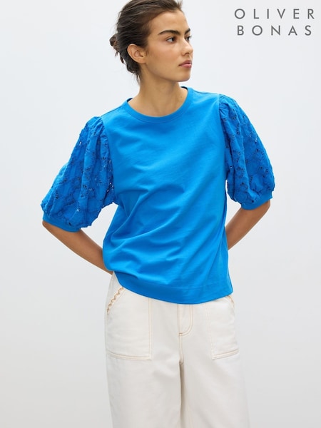 Oliver Bonas Blue Woven Puff Sleeve T-Shirt (H66332) | R$ 415