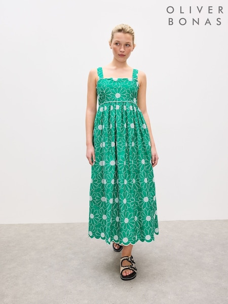 Oliver Bonas Green Daisy Embroidered Scalloped Midi Dress (H66333) | €102