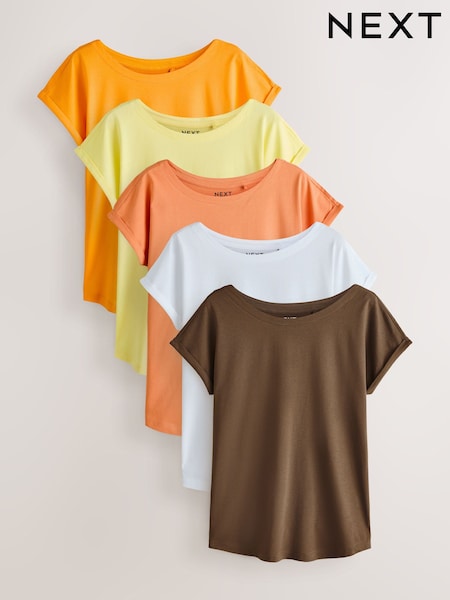 Brown/Orange/White/Yellow - Cap Sleeve Cotton T-shirts 5 Pack