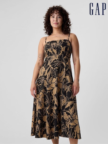Gap Black Floral Linen Blend Removable Straps Midi Dress (H66809) | €31