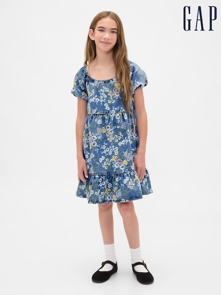 Gap Blue Denim Puff-Sleeve Floral Dress (4-13yrs) (4-13yrs) (H66943) | €46