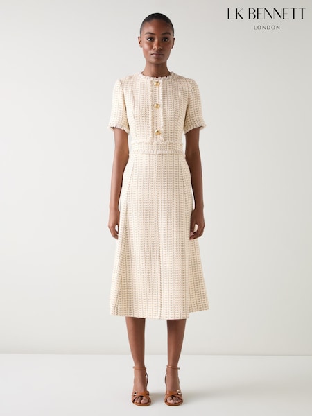 LK Bennett Cream Julia Tweed Cheque Polyester Mix Gold Button Dress (H66989) | R$ 3.445