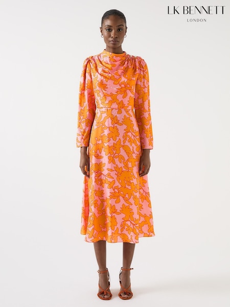 LK Bennett Orange Samantha Floral Jacquard Print Silk Button Shoulder Dress (H66990) | €510