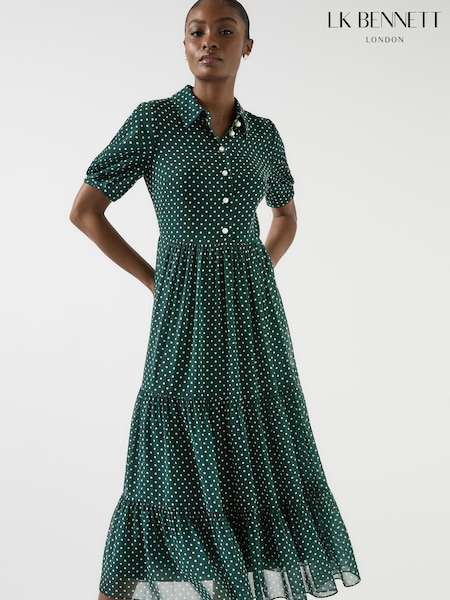 LK Bennett Green Relaxed Rumi Pine Grove & Birch Pindot Tiered Dress (H66992) | R$ 2.950