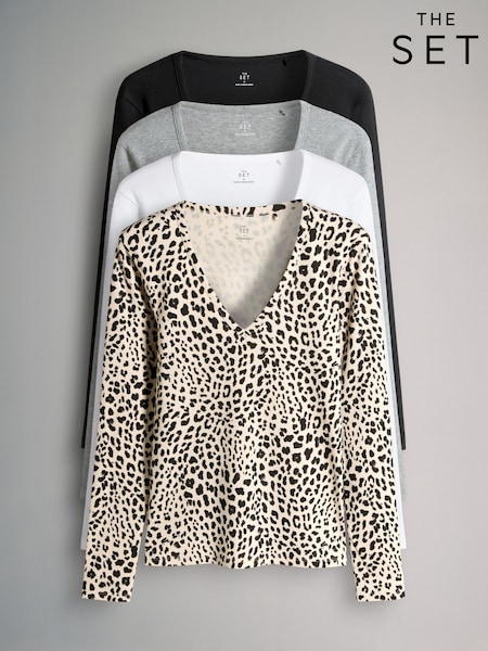 The Set Black/Grey/Cream/Animal 4 Pack V-Neck Ribbed Long Sleeve T-Shirts (H67089) | €33