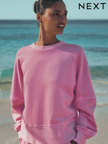 Fluro Pink Crew Neck Washed Sweatshirt (H67226) | SGD 52