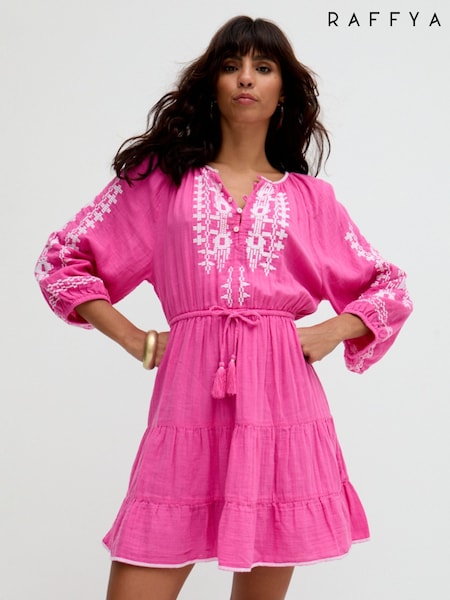 Raffya Pink Mini Sophia Tiered Ruffle Embroidered Dress (H67427) | €102