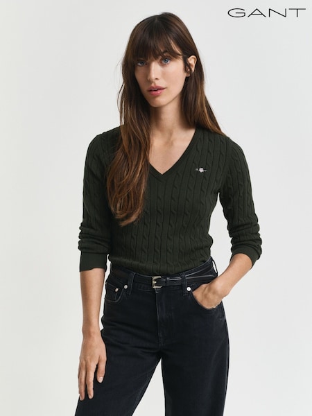 GANT Light Green Stretch Cotton Cable Knit V-Neck Jumper (H67598) | €159