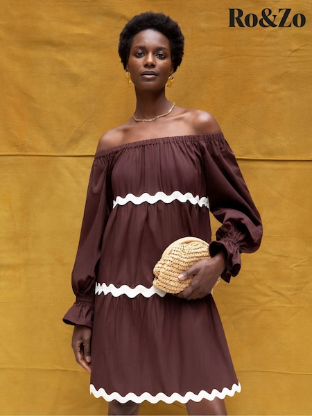 Ro&Zo Brown Bardot Contrast Trim Dress (H67720) | €140