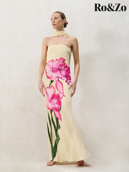 Ro&Zo Yellow Aurora Floral Print Bandeau Dress (H67724) | €242
