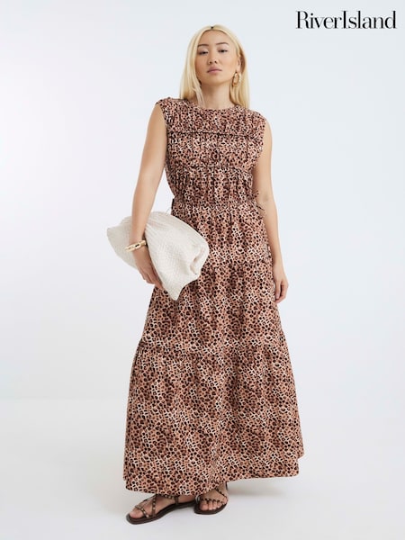River Island Brown Draw String Tiered Cotton Maxi Dress (H67821) | €75