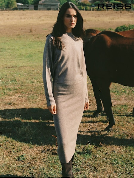 Reiss Neutral Suni Wool-Blend High-Neck Knitted Dress with Cashmere (H68053) | €245