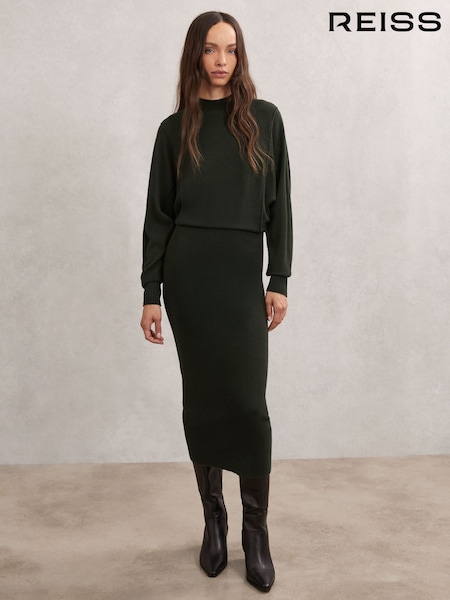 Reiss Dark Green Suni Wool-Blend High-Neck Knitted Dress with Cashmere (H68055) | €245