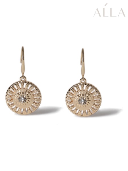 Aela Gold Tone Sparkle Sun Coin Drop Earrings (H68127) | €13