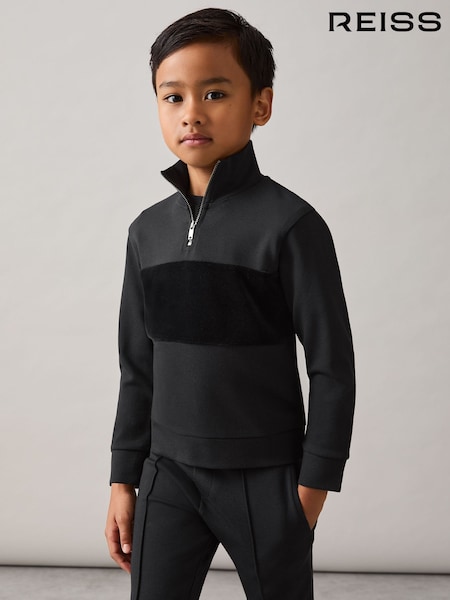 Reiss Black Selin Interlock Velour Panel Zip Sweatshirt (H68132) | €60