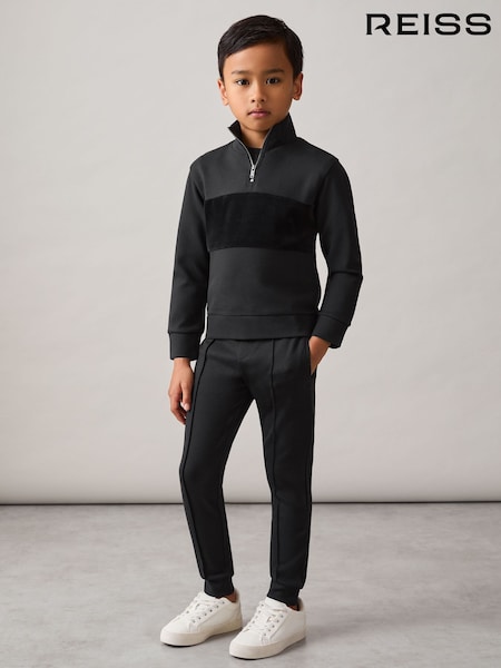 Reiss Black Selin Interlock Velour Panel Zip Sweatshirt (H68162) | €55