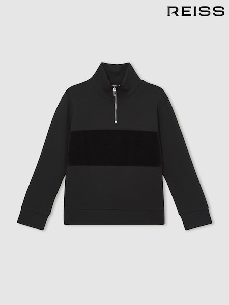 Reiss Black Selin Interlock Velour Panel Zip Sweatshirt (H68163) | €65