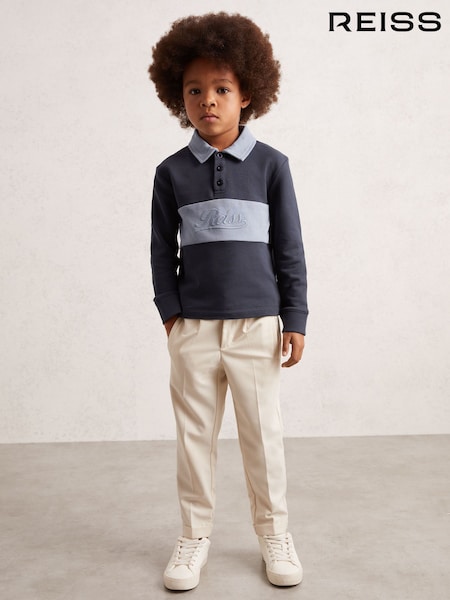 Airforce Blue/Navy Blue - Reiss Bryce Cotton Logo-Embroidery Rugby Polo Shirt (H68185) | 289 LEI