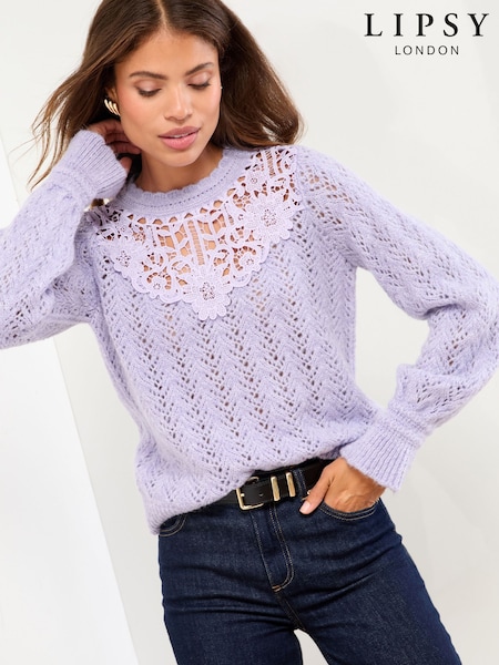 Lipsy Lilac Purple Lace Yoke Stitch Knitted Jumper (H68253) | €61