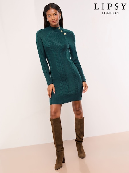 Lipsy Dark Green Petite Buttoned Roll Neck Cable Knit Cosy Mini Dress (H68256) | €65