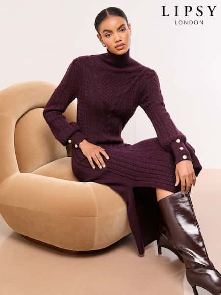 Lipsy Burgundy Red Petite Roll Neck Cable Knit Midi Dress (H68257) | €88