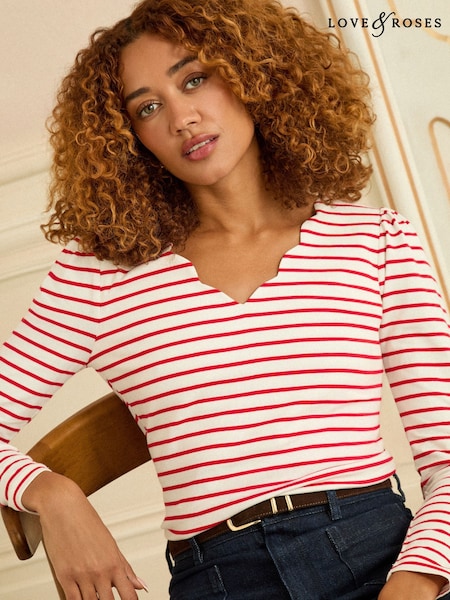 アイボリー & レッド ストライプ - Love & Roses Scallop V-Neck Long Sleeve Jersey Top (H68454) | ¥ 4,250